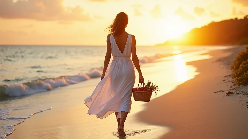Elegante Frau in weissem Leinenkleid am Strand von North Island Seychellen zur goldenen Stunde