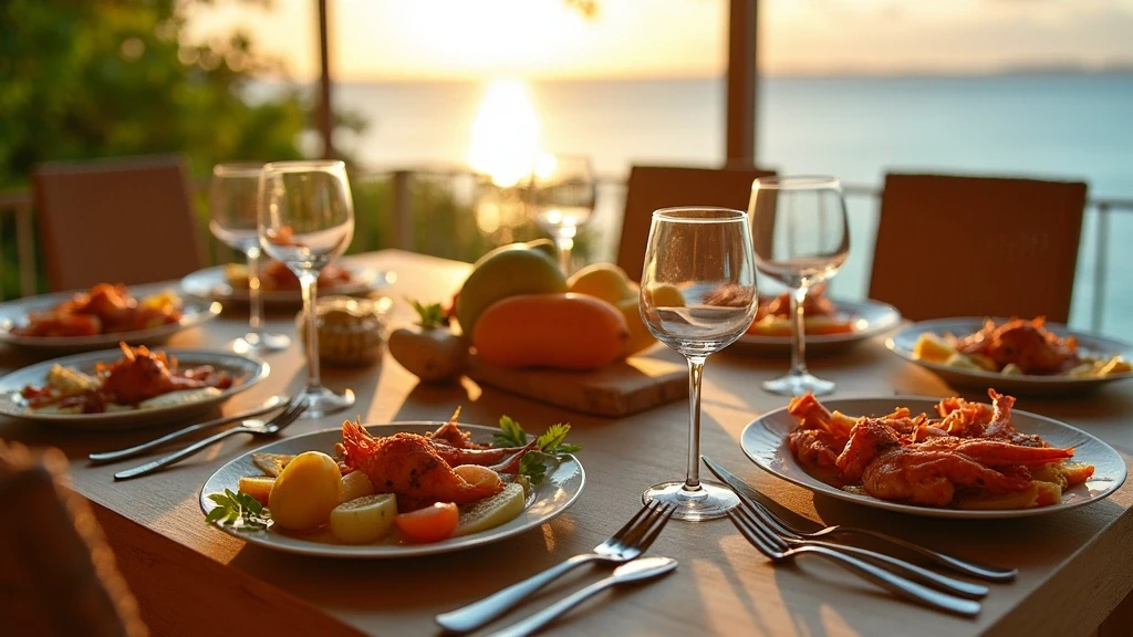 Traditionelle kreolische Tischdekoration auf North Island Seychellen mit Meeresfruechten und tropischen Fruechten