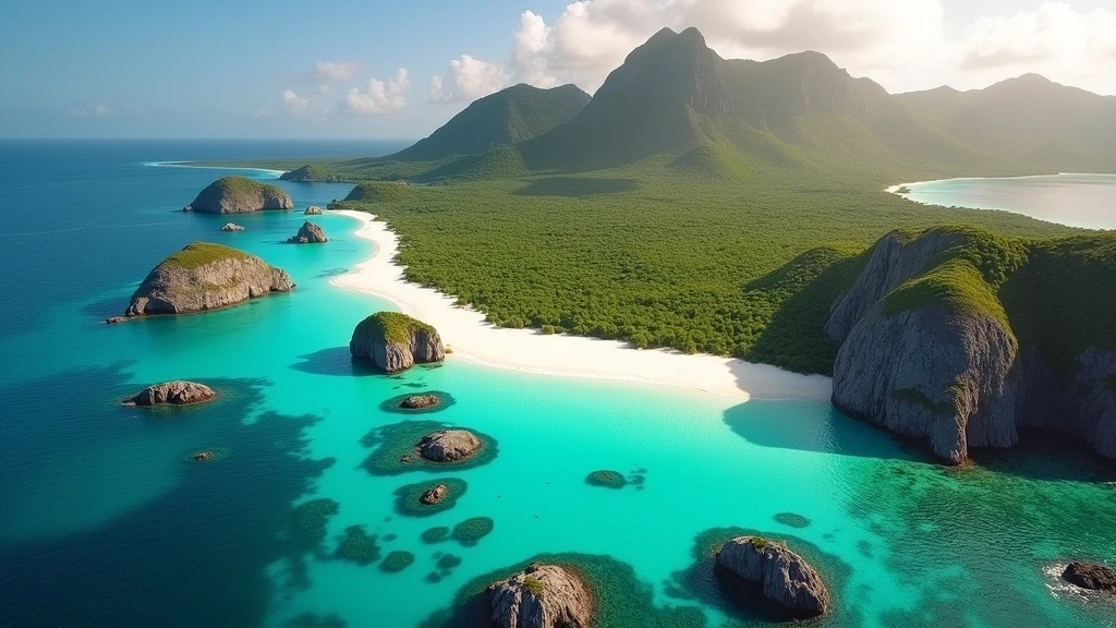 Luftaufnahme von North Island Seychellen mit Granitfelsen, weissen Sandstraenden und tuerkisfarbenen Lagunen zur goldenen Stunde