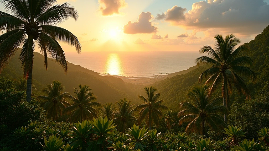 Panoramaansicht von North Island Seychellen zur goldenen Stunde mit Palmenwald und endemischen Coco de Mer-Palmen