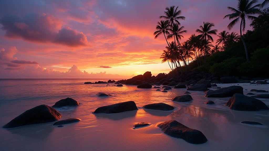 Sonnenuntergang ueber dem Indischen Ozean an North Island Seychellen mit Granitfelsen und Takamaka-Baeumen