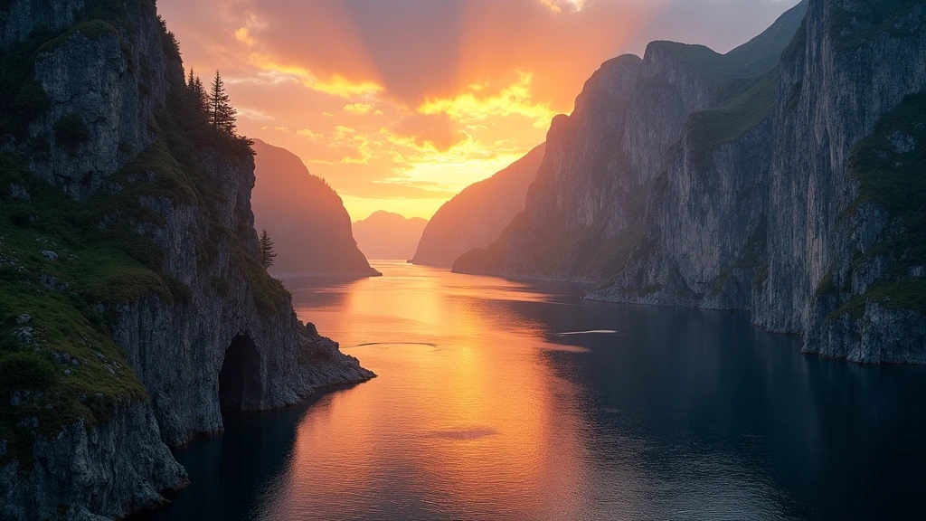 Sonnenuntergang über den Norwegische Fjord-Höhlen mit goldenem Licht auf Felsformationen