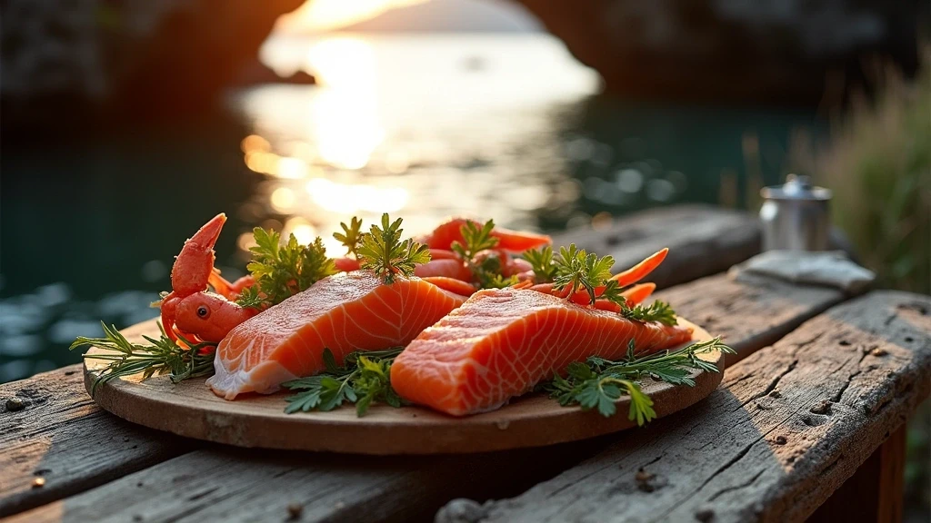 Traditionelle norwegische Meeresfrüchte-Platte vor Norwegische Fjord-Höhlen, Food-Fotografie