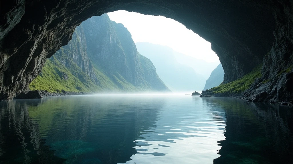 Panoramablick auf die Norwegische Fjord-Höhlen mit reflektierenden Fjordgewässern und Morgennebel