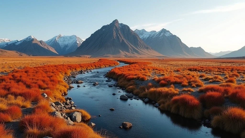 Panoramablick auf die arktische Tundra bei Nuuk, Grönland im Herbst mit goldenen Pflanzen