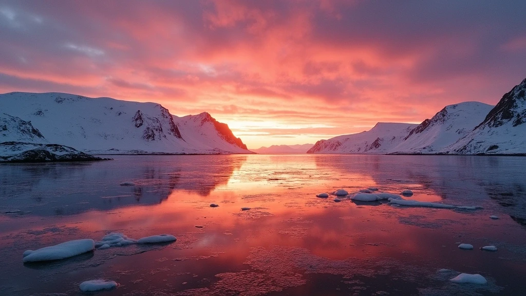 Sonnenuntergang über dem Nuuk Fjord in Grönland mit farbenfrohem Himmel und Bergsilhouetten