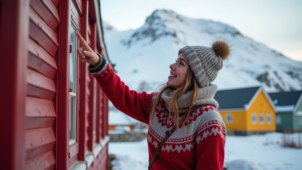 Lokale Führerin zeigt die rote Nuuk Kathedrale in Grönland mit bunten Häusern