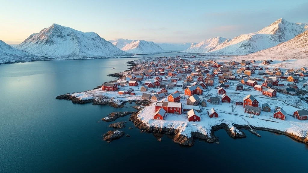 Luftaufnahme von Nuuk, Grönland mit Fjord, bunten Häusern und Bergen zur goldenen Stunde