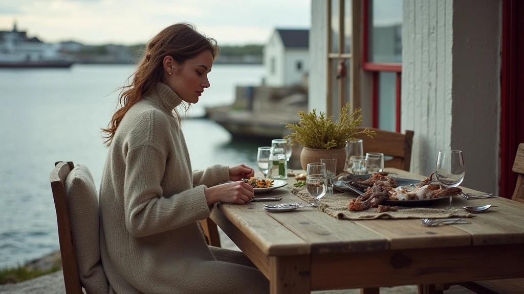 Elegante Frau geniesst traditionelles groenlaendisches Essen in Nuuk mit Hafenblick