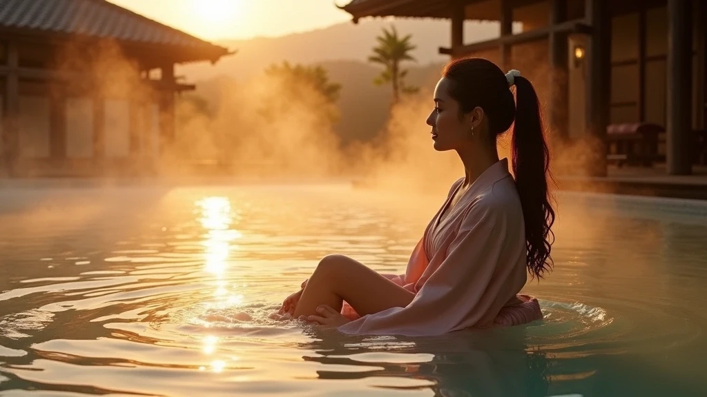 Elegante Frau im Seidenkimono genießt private Onsen in Nyuto zur goldenen Stunde