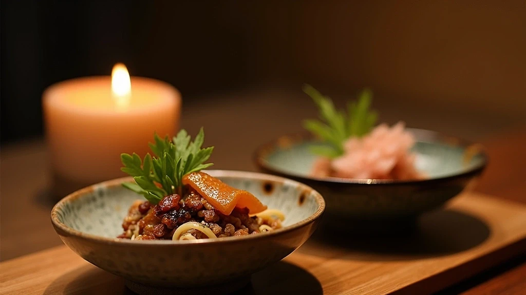 Künstlerische Präsentation von Kaiseki-Küche in Luxus-Ryokan in Nyuto mit handgemachten Keramiken