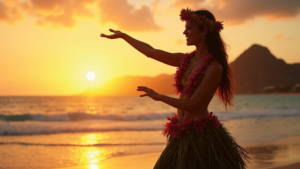 Hula-Taenzerin bei Sonnenuntergang am Waikiki Beach auf Oahu