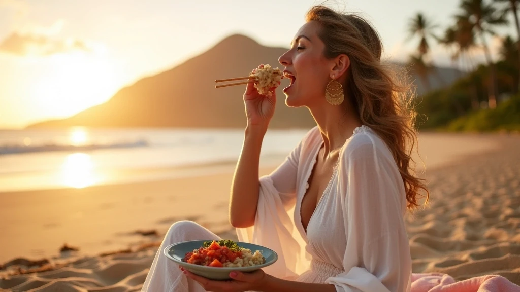 Elegante Frau geniesst Poke Bowl am Strand bei Sonnenuntergang auf Oahu