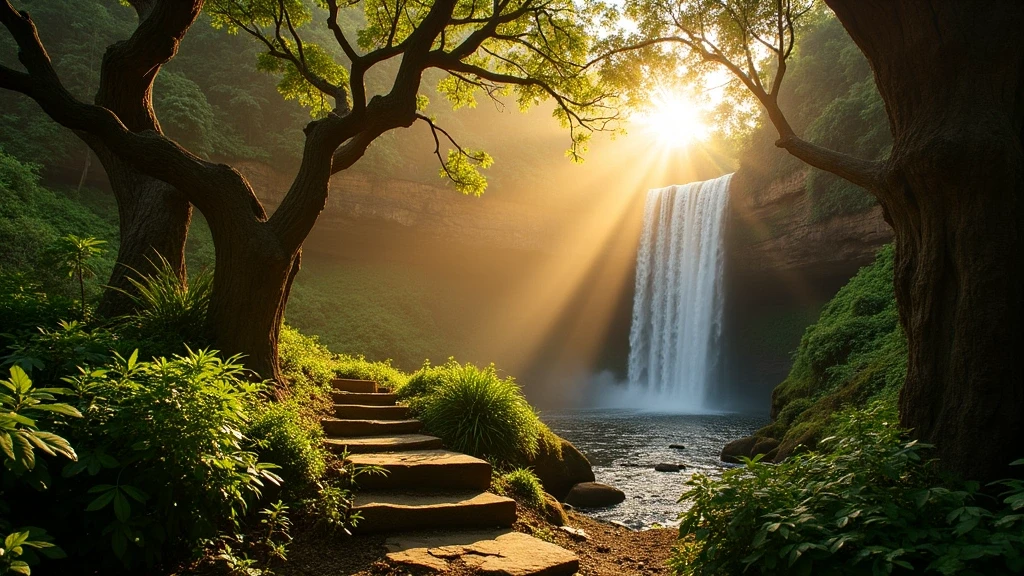 Goldene Stunde im Waimea Valley mit Wasserfall und alten Banyan-Baeumen auf Oahu