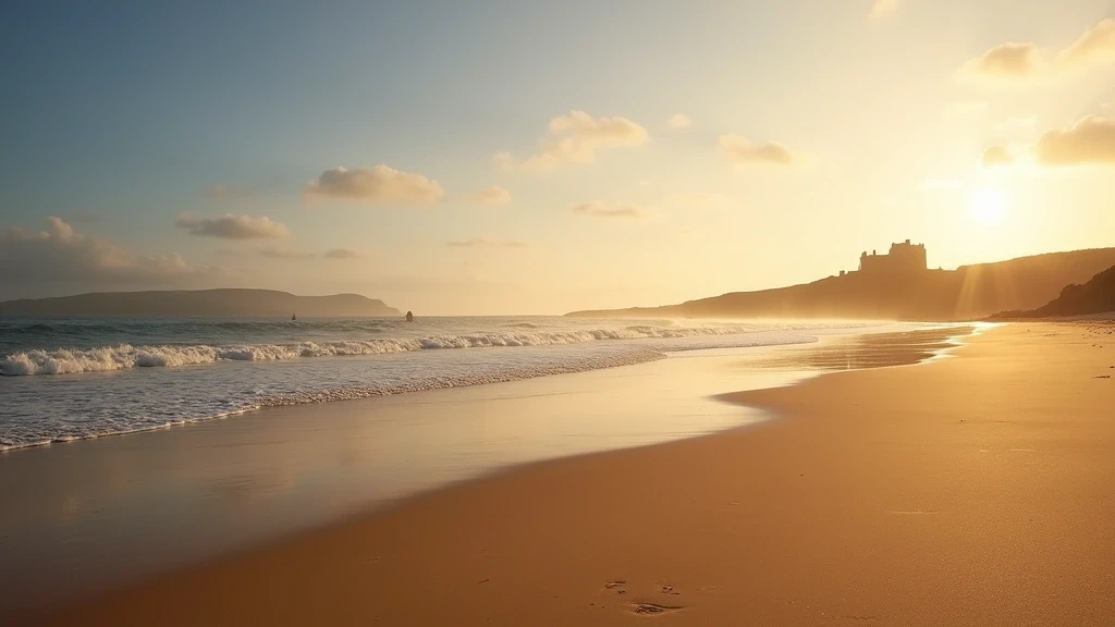 Goldene Stunde am Ganavan Sands Strand in Oban, Schottland mit Dunollie Castle