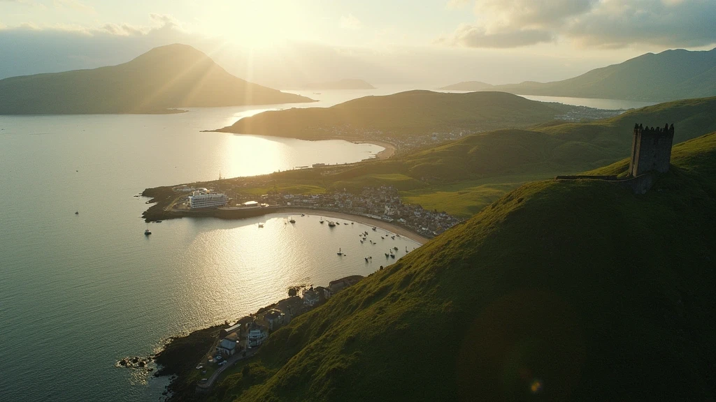 Luftaufnahme von Oban, Schottland mit Hafen, McCaig's Tower und Inseln zur goldenen Stunde