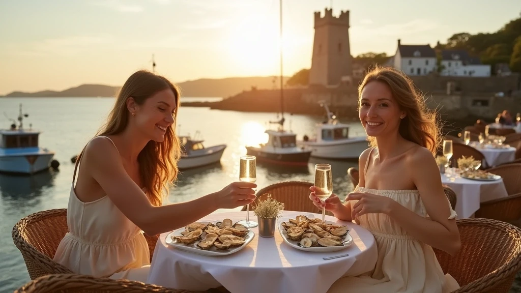 Elegante Frau geniesst Meeresfruechte in Oban, Schottland am Hafen zur goldenen Stunde