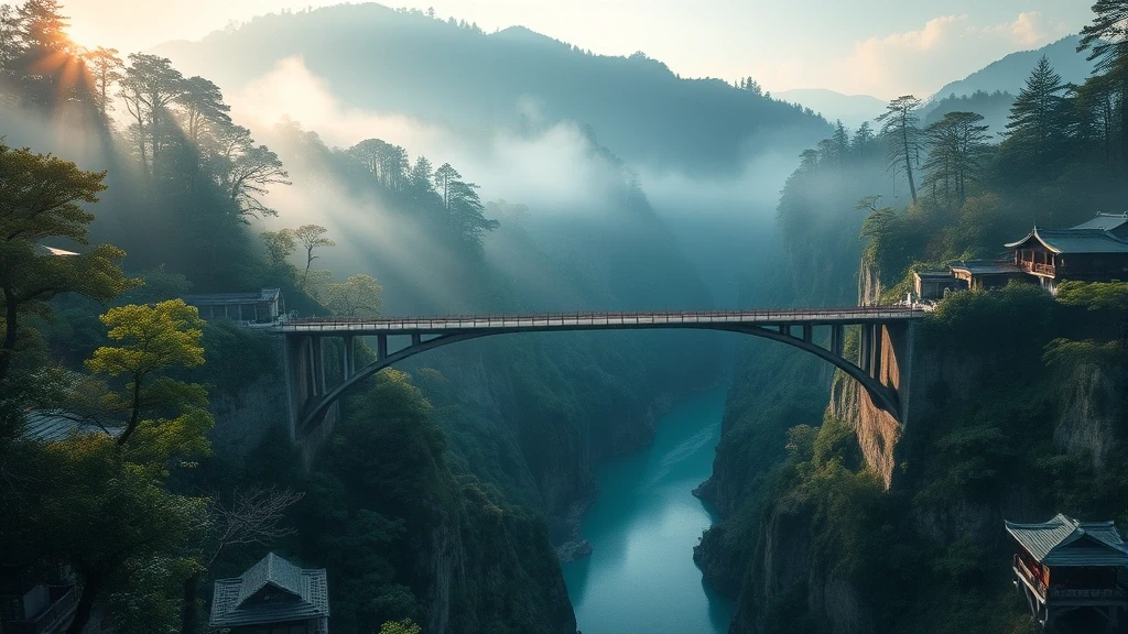 Panoramablick auf die doppelten Kazurabashi-Seilbruecken im nebligen Iya-Tal, Japan
