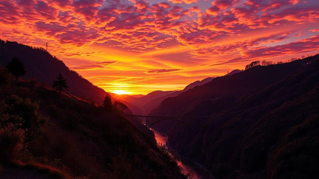 Sonnenuntergang ueber dem Iya-Tal mit Seilbruecken-Silhouetten in Oboke Iya-Tal, Japan
