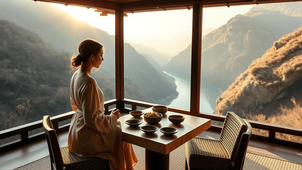 Elegante Frau geniesst Kaiseki-Menue mit Schluchtblick in Oboke Iya-Tal, Japan