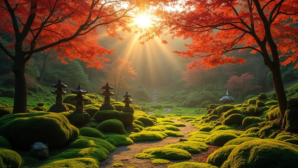 Panoramablick auf den Moosgarten des Hosen-in Tempels in Ohara bei Sonnenuntergang