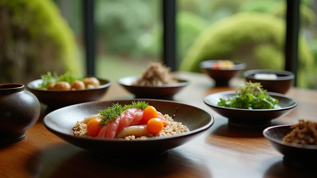 Detailaufnahme von Kaiseki-Küche in traditionellem Ryokan in Ohara mit Moosgartenblick