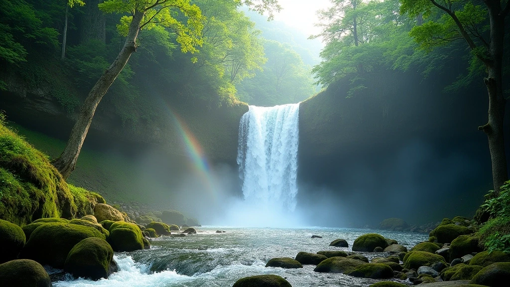 Weitwinkelaufnahme des Otonashi Wasserfalls in Ohara, Japan, mit Zedernbäumen und Morgenlicht
