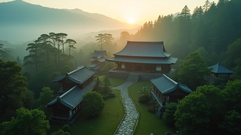 Luftaufnahme des Sanzen-in Tempels in Ohara, Japan, umgeben von Zedernwäldern zur goldenen Stunde