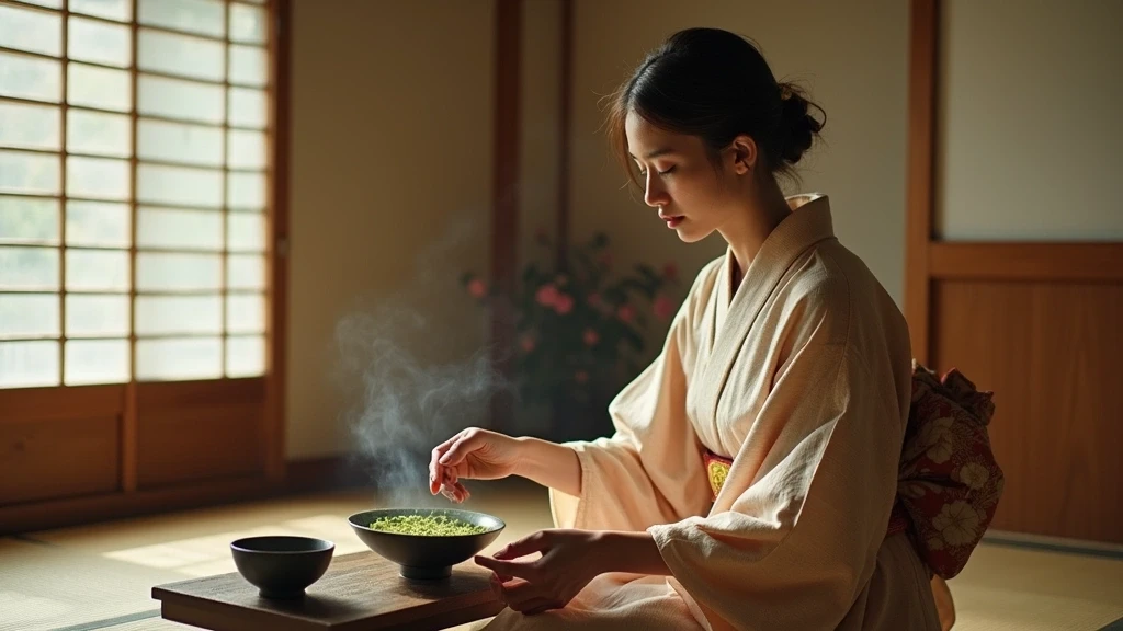 Elegante Frau im Kimono bei traditioneller Teezeremonie im Shorin-in Tempel Ohara
