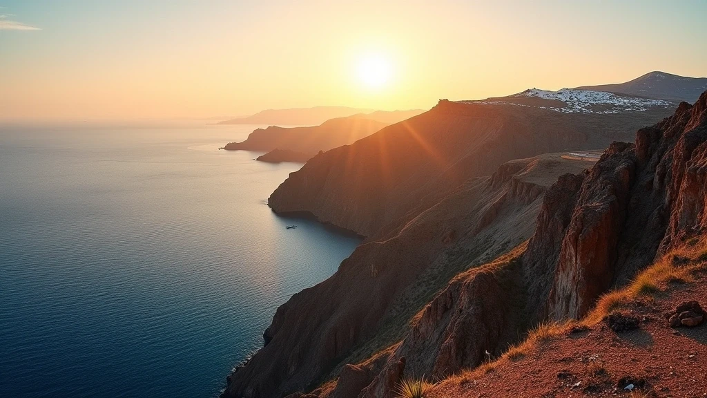Goldene Stunde an der vulkanischen Küste von Oia auf Santorini mit Klippen und Meer