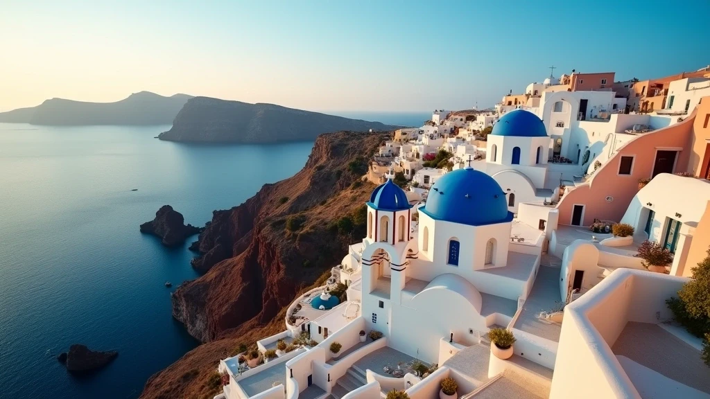 Luftaufnahme der weißen Architektur von Oia auf Santorini zur goldenen Stunde mit blauen Kuppelkirchen
