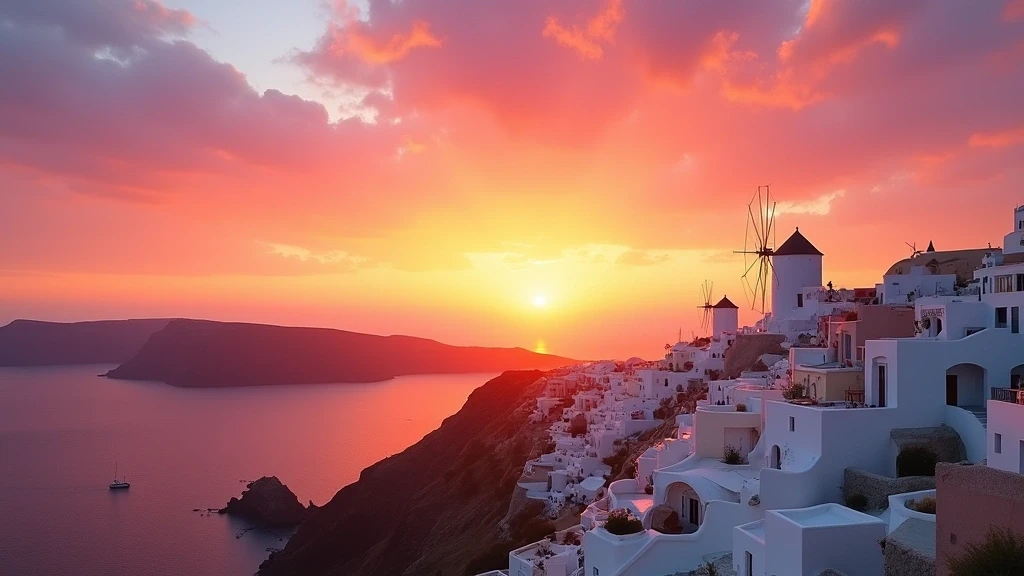 Panorama-Sonnenuntergang über der Caldera von Oia auf Santorini mit weißen Häusern