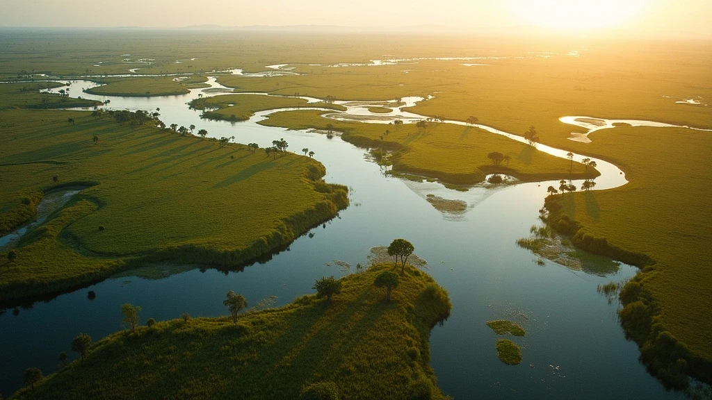 Luftaufnahme des Okavango-Deltas in Botswana mit Wasserwegen und Inseln zur goldenen Stunde