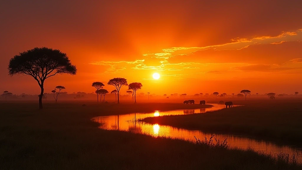 Sonnenuntergang ueber den Ueberschwemmungsgebieten des Okavango-Deltas in Botswana
