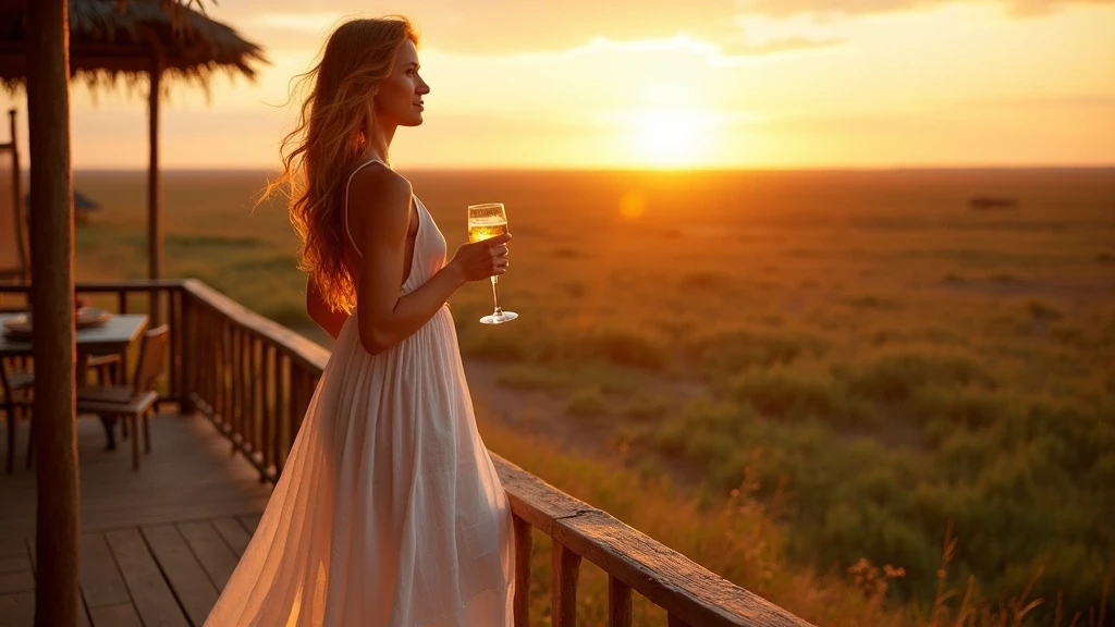Elegante Frau geniesst Sundowner auf Deck mit Blick auf Okavango-Delta, Botswana