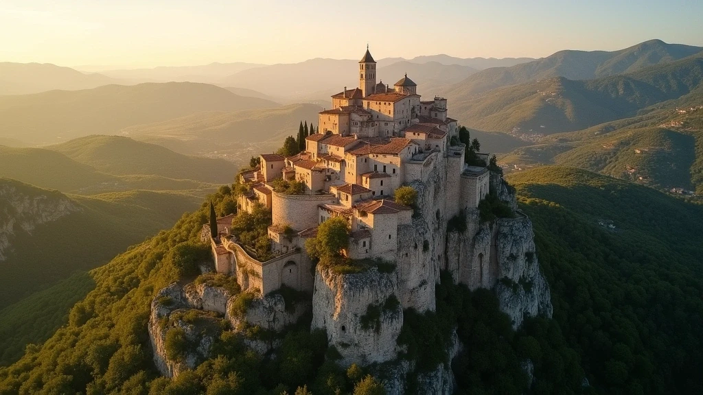 Luftaufnahme des mittelalterlichen Bergdorfs Oppède-le-Vieux im Luberon zur goldenen Stunde