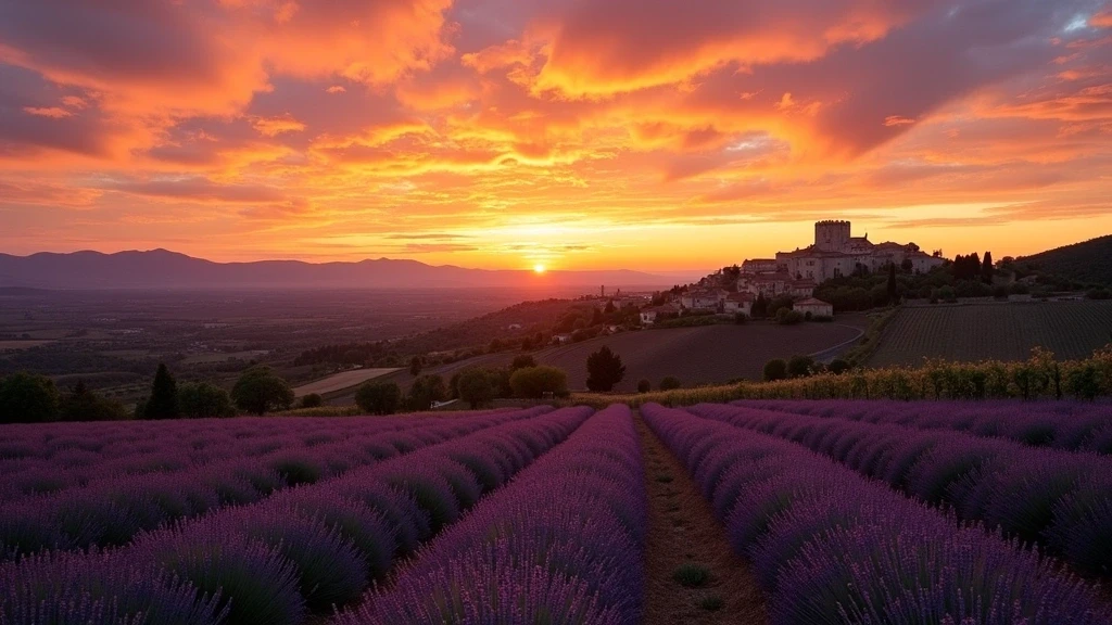 Sonnenuntergang über Oppède-le-Vieux mit Lavendelfeldern und Bergpanorama in der Provence