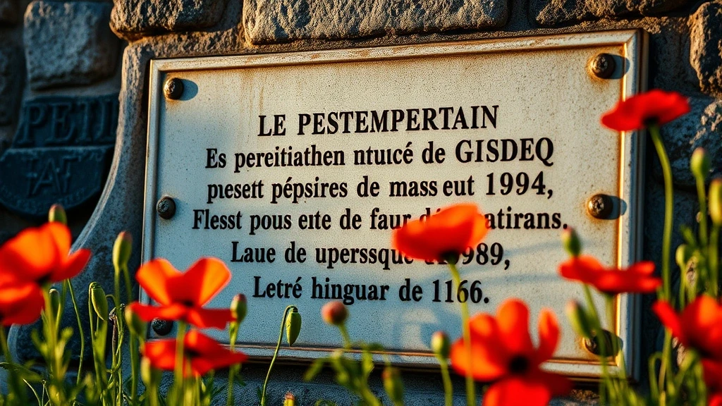 Detailaufnahme einer Gedenktafel mit Mohnblumen in Oradour-sur-Glane