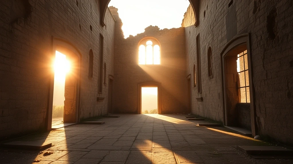 Goldene Stunde in der zerstörten Kirche von Oradour-sur-Glane