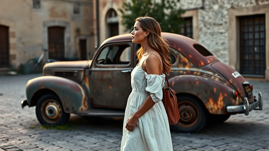 Elegante Reisende betrachtet historisches Auto in Oradour-sur-Glane