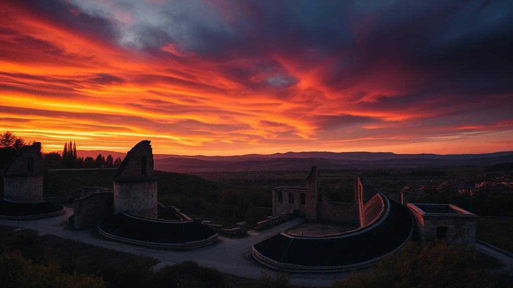 Panorama der Ruinen von Oradour-sur-Glane bei Sonnenuntergang
