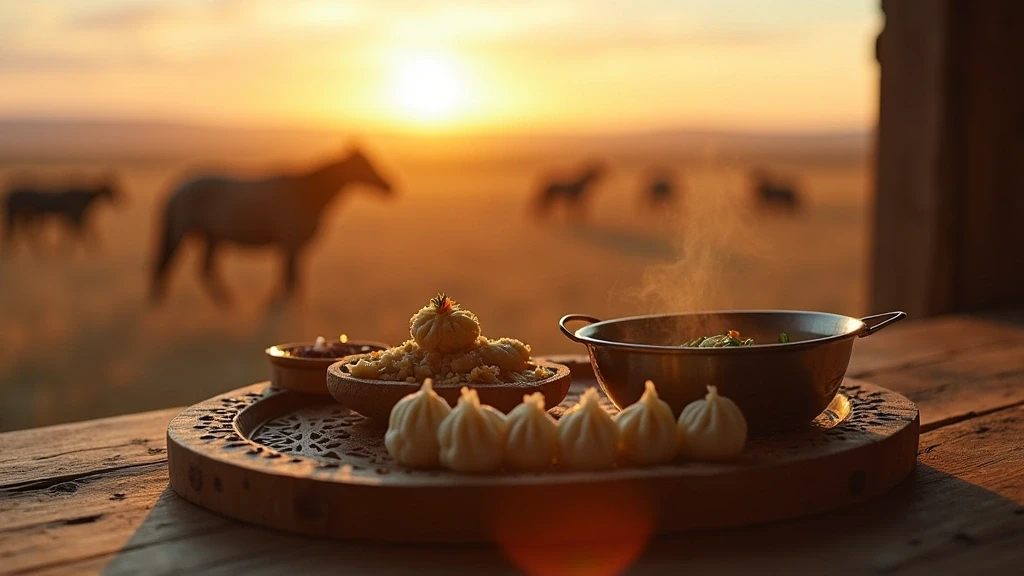 Traditionelle mongolische Kueche im Orchon-Tal bei Sonnenuntergang in der Mongolei