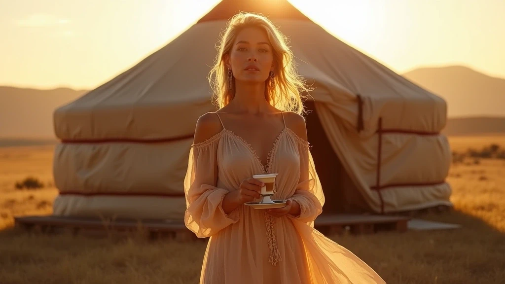 Elegante Reisende vor traditioneller Jurte im Orchon-Tal bei goldener Stunde in der Mongolei