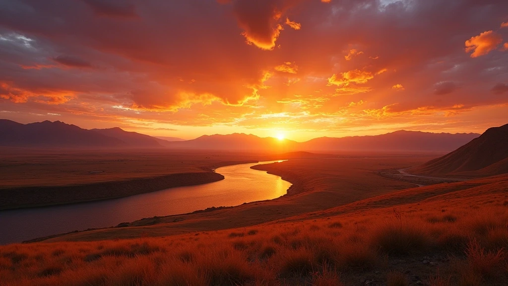Dramatischer Sonnenuntergang ueber der Orchon-Tal Steppe mit Orchon Fluss in der Mongolei