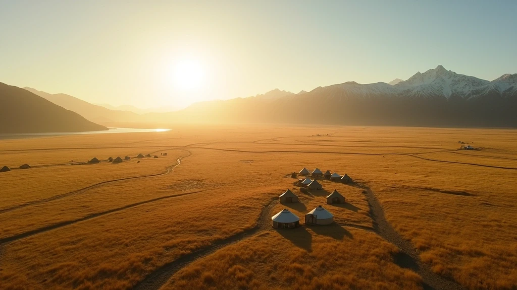 Luftaufnahme der Orchon-Tal Steppe mit Orchon Fluss und Bergen zur goldenen Stunde in der Mongolei