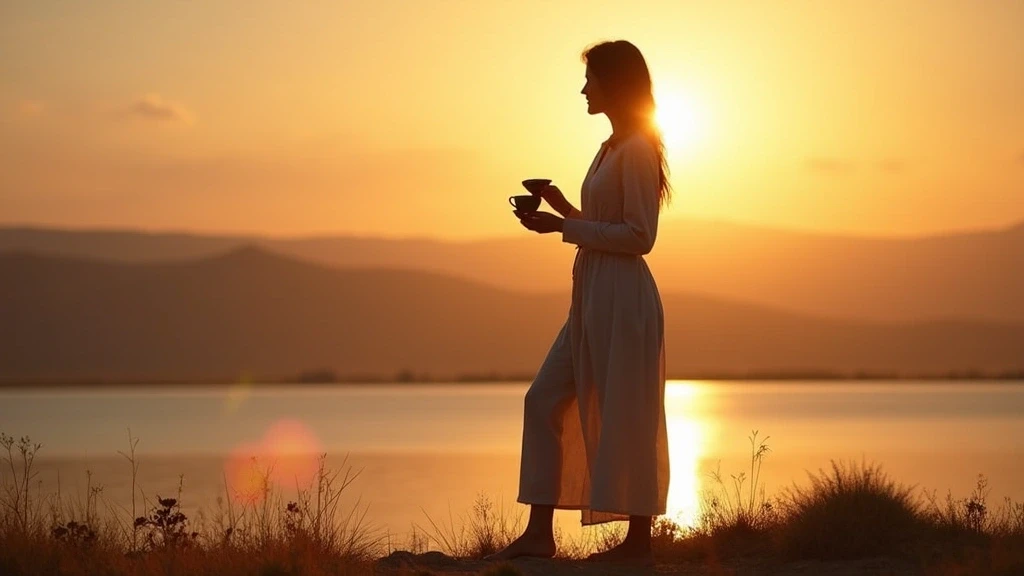 Elegante Reisende am Orkhon-Fluss bei Sonnenuntergang mit traditionellem mongolischem Tee