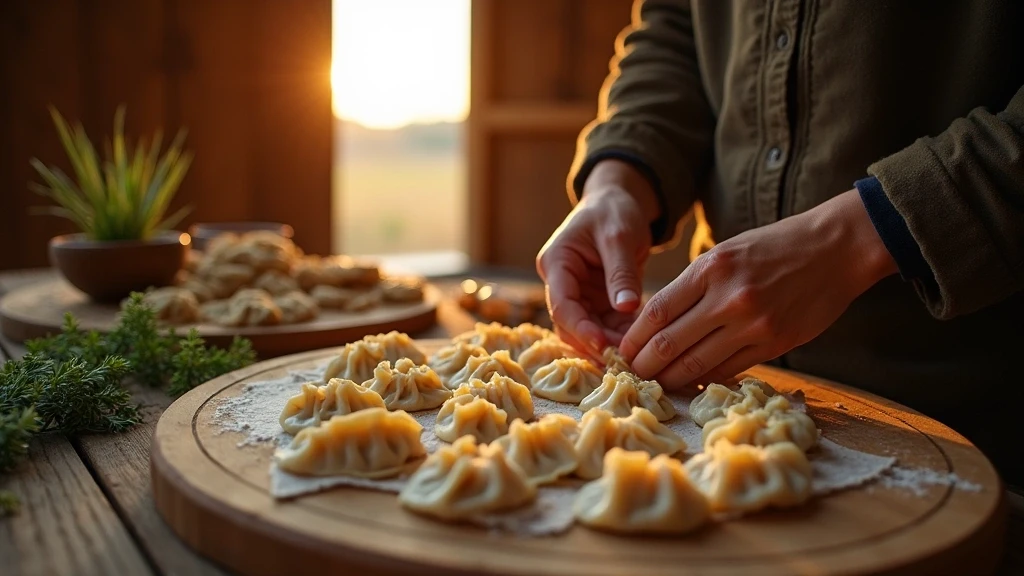 Traditionelle mongolische Buuz-Zubereitung in Ger-Camp im Orkhon-Tal bei goldener Stunde