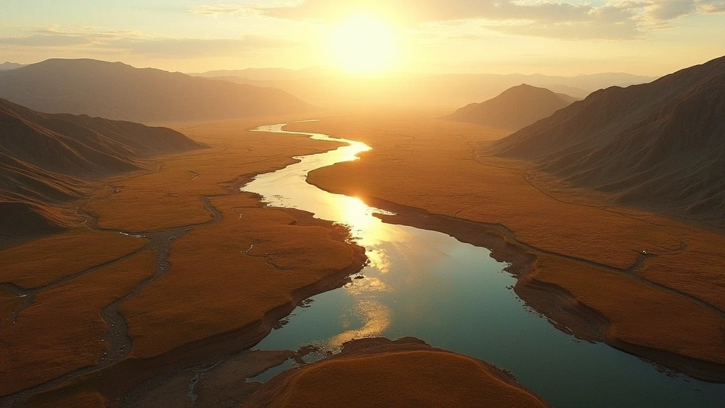Luftaufnahme des Orkhon-Tals in der Mongolei mit Flusstal und Steppe zur goldenen Stunde