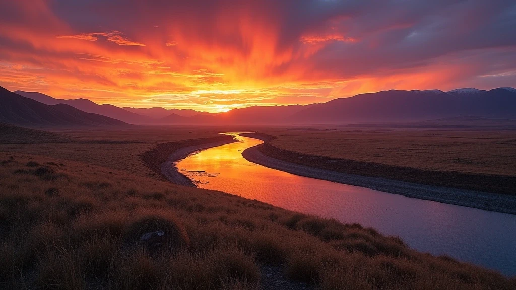 Sonnenuntergang ueber der mongolischen Steppe im Orkhon-Tal mit Flussspiegelung
