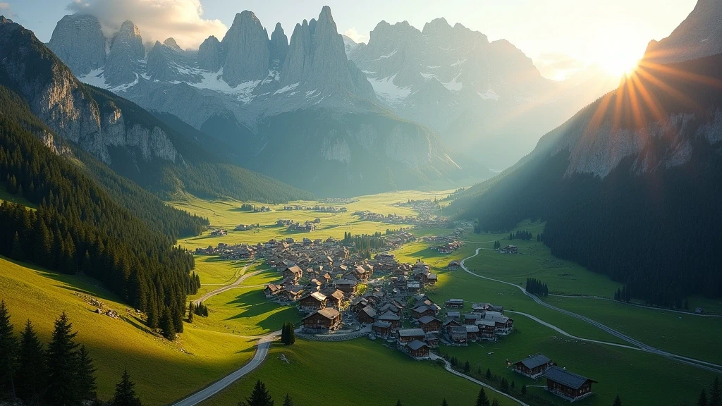 Luftaufnahme von Ortisei in den Dolomiten zur goldenen Stunde mit traditionellen Haeusern und Bergen
